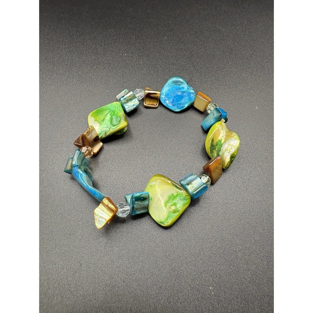 Colorful Artisan Shell Bead Stretch Bracelet Blue Green Abalone Mosaic Statement